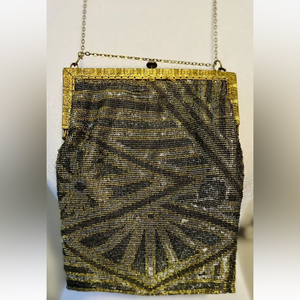 Vintage Antique 20's Art Deco France Steel Micro Beaded Gold Chainmail Bag Purse